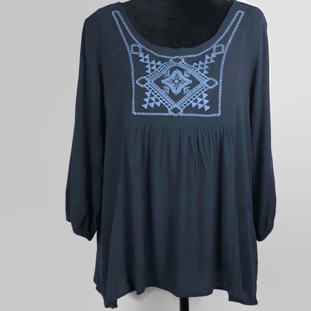 Tilly Anne Geometric Floral Embroider Peasant Top